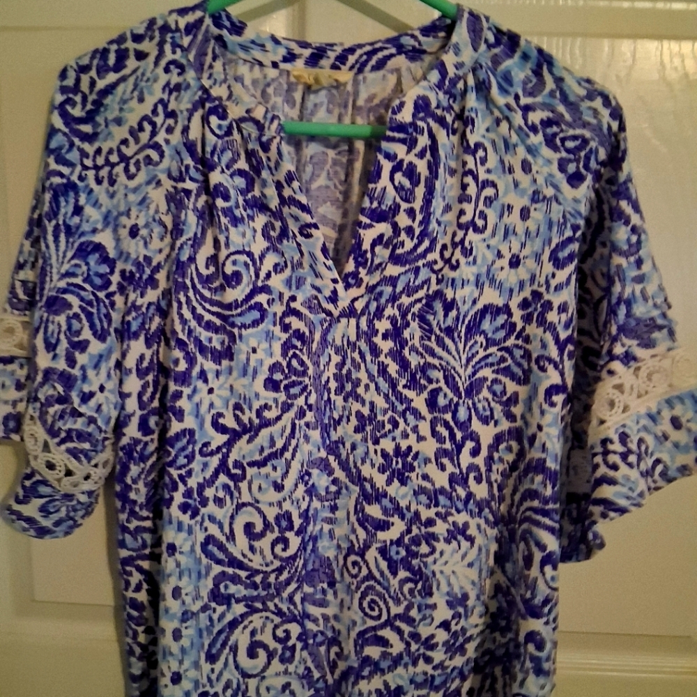 Blue and White Ruffled Mandarin Collar Blouse